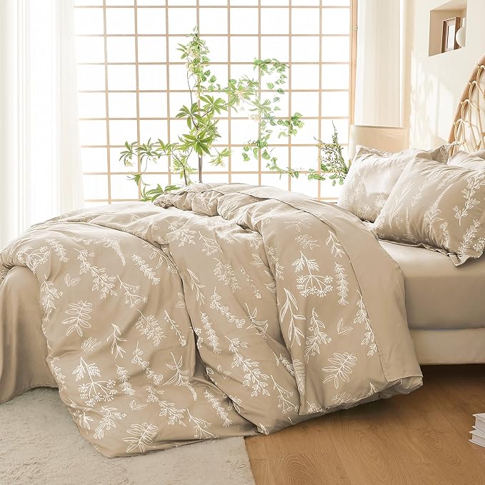 MUXHOMO Duvet Cover Twin/Twin XL Size Set, Reversible Floral Beige Duvet Cover with Zipper Closure, 2 Pieces Botanical Patterns Soft Microfiber Bedding Set with 4 Ties (68"x90", 1 Pillow Case)