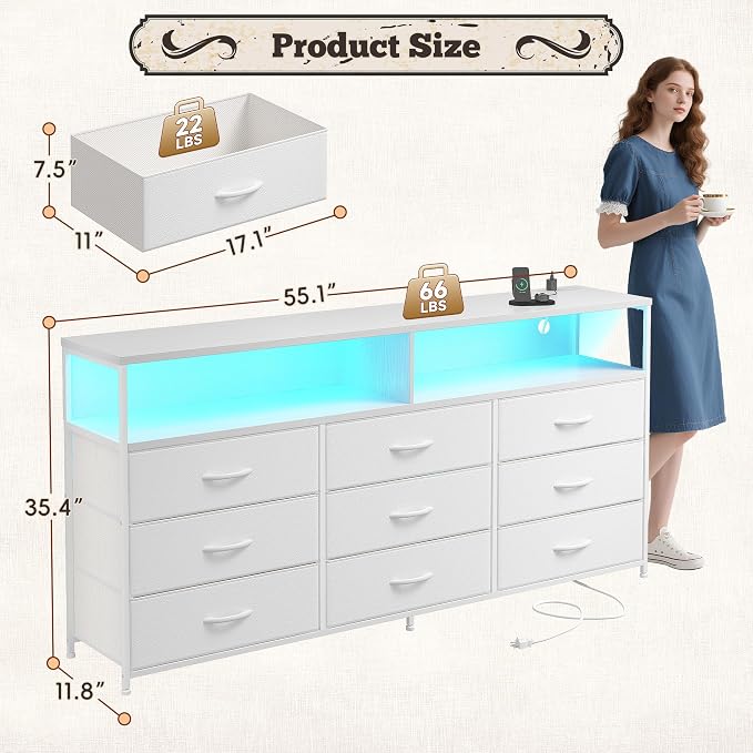 55" W Dresser for Bedroom with 9 Drawers LED, Power Outlets Fits 65" TV | TV Stand for 45, 55, 65 Inch TV Sturdy Long Chest of Drawers with Extra 2 Wooden Shelves Steel Frame PU Leather Drawer