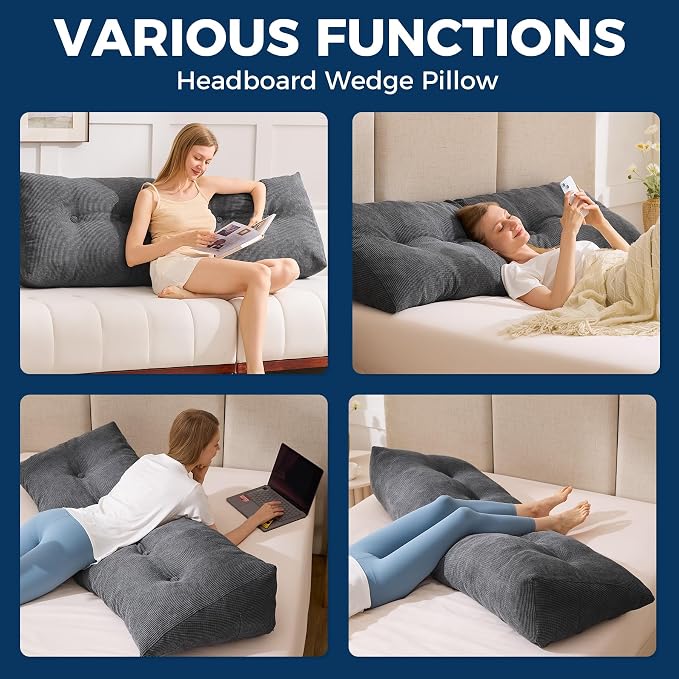 Headboard Pillow Queen, Wedge Pillow Headboard, Black | Triangle Backrest for Headboard, Bed Pillow for Sitting Up Reading Working, Removable Cover, Side Pockets, for Bed Dorm Sofa