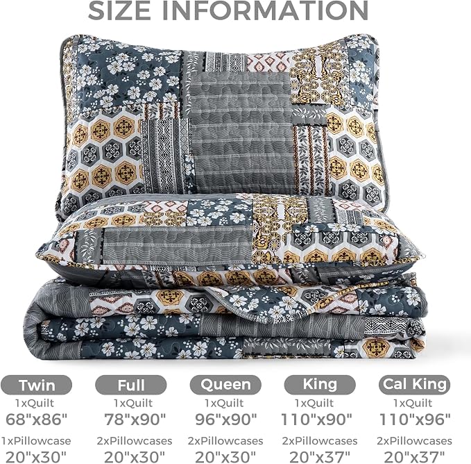 Mybedsoul Boho Quilts Queen Size, Floral Patchwork Bedding Set, Dark Grey | Soft Lightweight Microfiber Coverlet Set, 3 Pieces Plaid Reversible Bedspread, Bed Sets for All Seasons 96"x90"