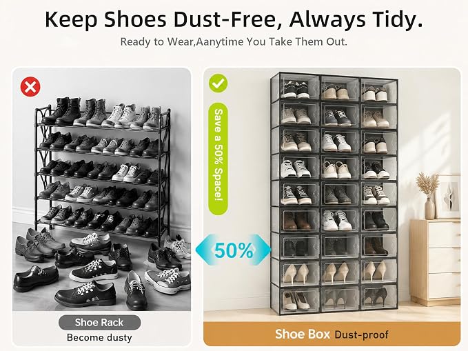 Kuject X-Large Shoe Storage Boxes 12 Pack, Clear Stackable Shoe Organizer | Shoe Case for Closet, Entryway & Under-Bed Storage, Drop-Front Design, Space-Saving Solution for Family Organization,Black