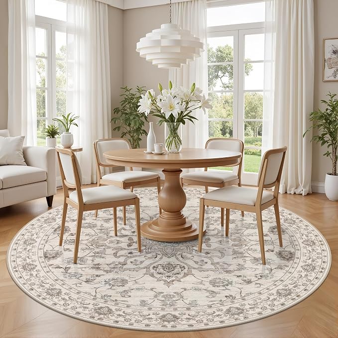 Round Area Rug for Living Room: 4ft Boho Washable Rug Brown Beige | Vintage Boho Soft Round Rug Indoor Floor No Slip Carpet Stain Resistant Rugs for Bedroom Dining Room Nursery Home Office
