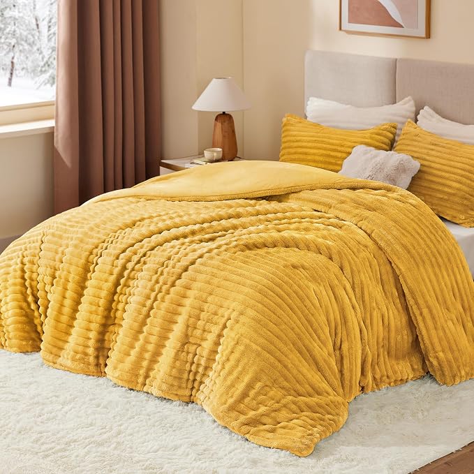 BEDELITE Fleece Full Comforter Set, Fluffy Bed Set, Mustard Yellow | Super Soft & Warm Bedding, Luxury Fuzzy Faux Fur Comforter for Winter, Heavy Plush Bedding, with 2 Pillowcases