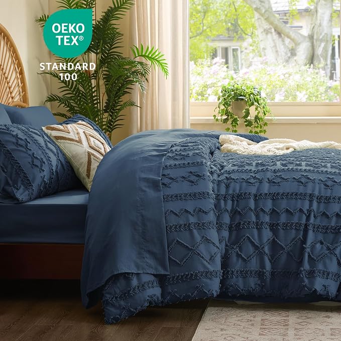 BEDELITE Full Comforter Set 7 Pieces,Boho Bed in a Bag,Navy Blue | Tufted Bed Set for All Seasons,Soft Farmhouse-Style Embroidery Bedding,Includes Flat & Fitted Sheets,2 Pillowcases & 2 Shams