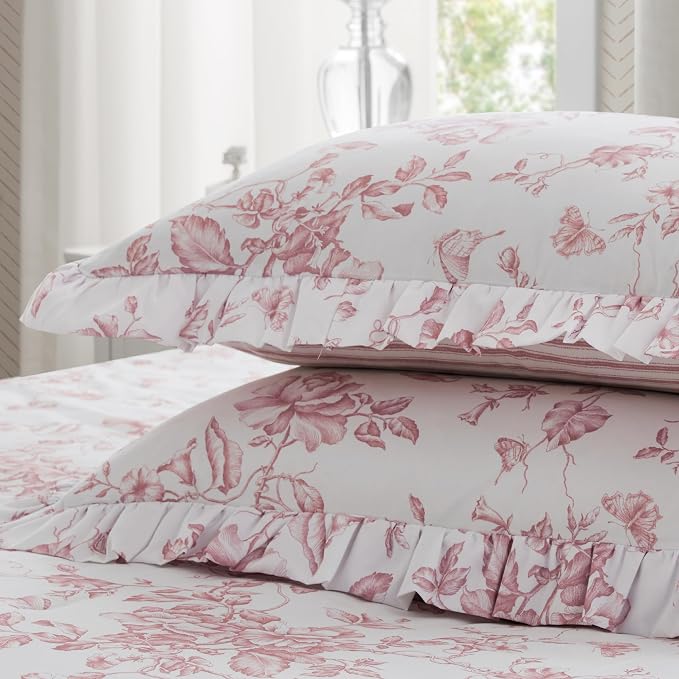 Madison Park Essentials Pink Floral Comforter Set with Sheets King,7pc | Vintage, Ruffle Bed in a Bag, Reversible, Elegant Bedding Set, All Season, Machine Washable, Wrinkle Resistant, Ultra Soft