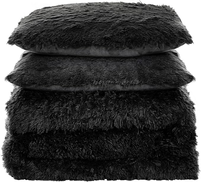 Queen Luxury Faux Fur Comforter Set - Soft & Breathable 7-Piece Bedding Collection - 1 Comforter, 1 Fitted Sheet, 1 Flat, 2 Pillowcases, 2 Pillow Shams - Deep Pocket - Premium Quality, Black