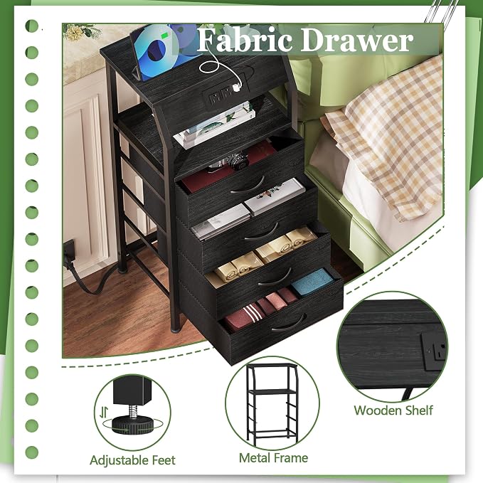 Furnulem Tall Night Stand with Charging Station, 4 Drawers Bedside Table | Small Black Dresser, 33.3 Inch Tall Dorm Nightstand, Fabric Drawers, Storage Tower for Closet, Bedroom, 3 Ways to Use