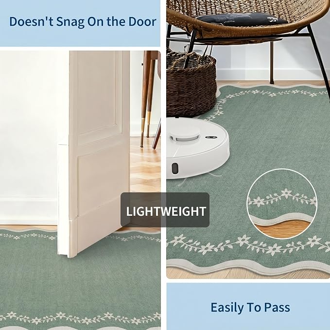 GarveeHome Round Rugs 6ft Scalloped Washable Circle Rug for Dining Room | Soft Sage Green Non Slip Floral Print Floor Mat Carpet Indoor Thin Tent Rug for Kids Bedroom Playroom Nursery Entryway