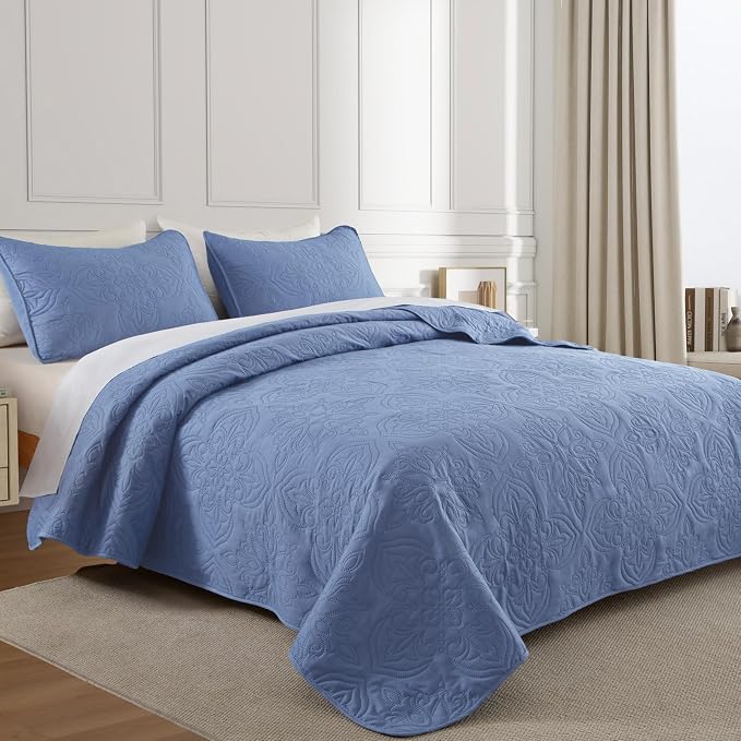Whale Flotilla King Quilt Bedding Set Vintage Damask Reversible Bedspread | Suitable for Bed, 3 Pieces Bluish Grey Lightweight Breathable Quilt King Size, Ultrasonic Coverlet with 2 Pillow Shams