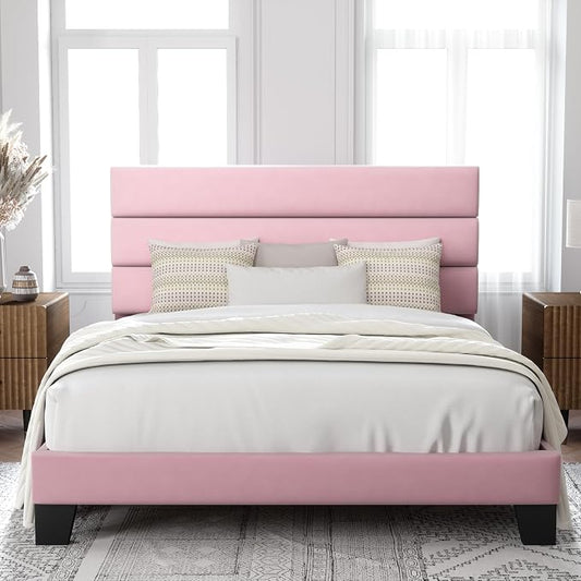 Allewie Full Size Platform Bed Frame with Velvet Upholstered Headboard Pink | Wooden Slats Support, Fully Upholstered Mattress Foundation, No Box Spring Needed, Easy Assembly, Noise-Free, Pink
