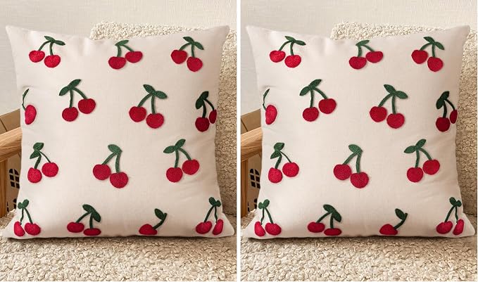 Embroidered Throw Pillow Cover 18x18 Inch - Spring Summer Boho Decorative Pillow Cover with Zipper for Living Room Couch Sofa Bed Aesthetic Design Little Cherry Cushion Pillowcase (Pack of 2)