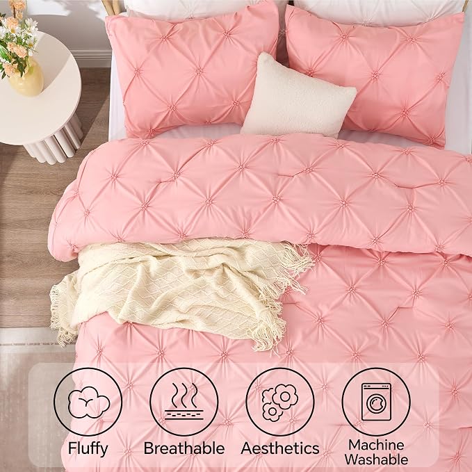 BEDELITE Twin Comforter Set Pink,Lightweight & Soft Comforter | Pintuck Boho Bedding, Warm & Cute Bed Set for All Season,With 1 Pillowcase