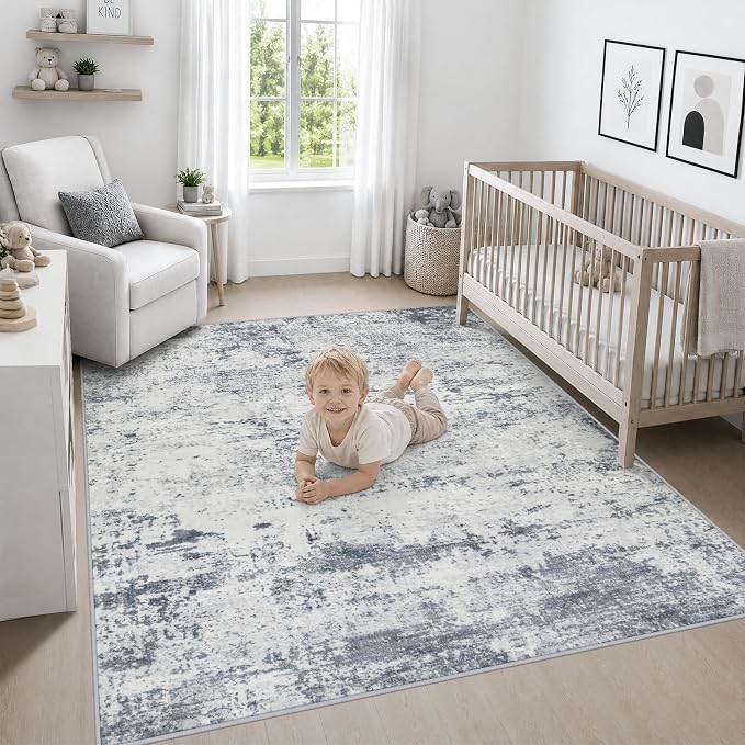Area Rug Living Room: 6x6 Modern Washable Soft Carpet Blue Grey | For Bedroom Dining Room Farmhouse Nursery Hallway Office,Modern Abstract,Machine washable,Non-Slip,Stain Resistant,Indoor