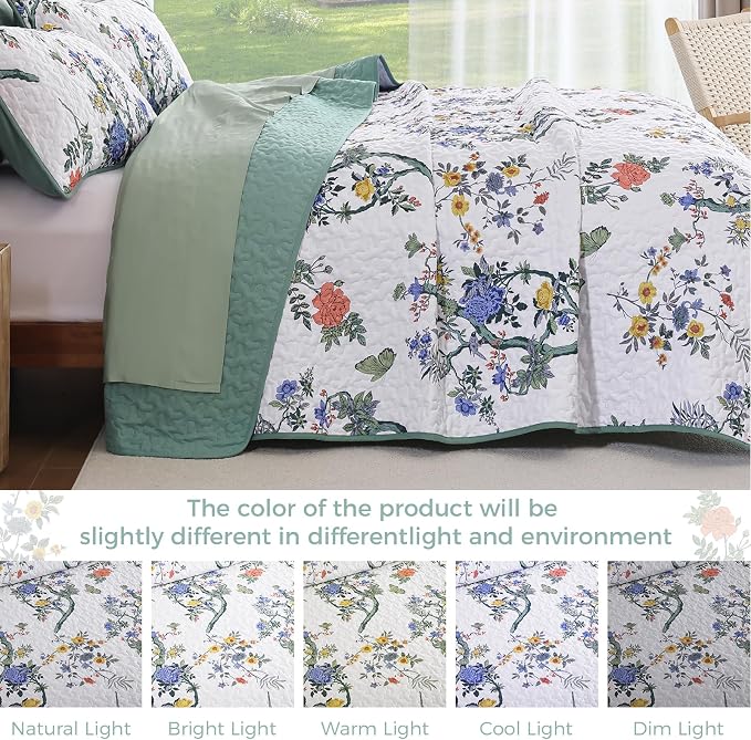 WONGS BEDDING Floral Quilt Set Queen, 3 Pcs Blue Green Bedspreads Coverlets | Spring Summer Floral Farmhouse Bedspread with 2 Shams,Soft Microfiber Lightweight Coverlet for All Season 96"×90"