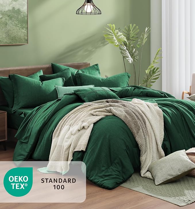 Monbix Queen Size Comforter Set 7 Pieces Emerald Green Bed in a Bag | Cationic Dyeing Reversible All Season Bedding Sets with Comforter, Sheets, Pillowcases & Shams