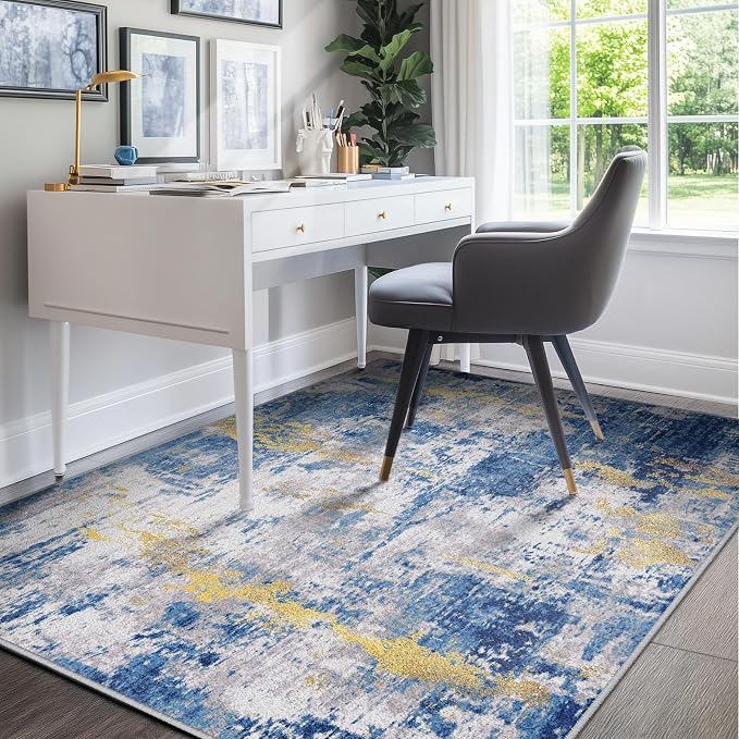 RELEANY Washable 9'x12' Abstract Area Rug for Living Room Blue Gold | Carpet for Bedroom, Kitchen, Office, Hallway and Entryway, Printed Pattern, Non‑Slip, Soft, Stain‑Resistant, Easy to Clean
