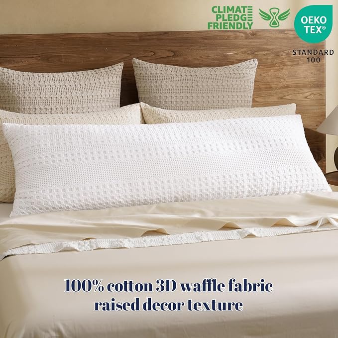 PHF 100% Cotton Waffle Body Pillowcase with Zipper, 1 Pack 20" x 54" Soft Skin-Friendly Pillow Sham, No Filling, Aesthetic Woven and Breathable Waffle Weave Body Pillow Cover for Bed, White