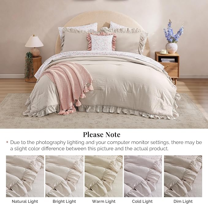 King Size Comforter Set-7 Pieces Ruffle Bedding Floral Sheet | Brich Bed in a Bag, Soft Lightweight All Season Farmhouse King Size Bedding Sets with Floral Sheets, Pillowcases & Shams