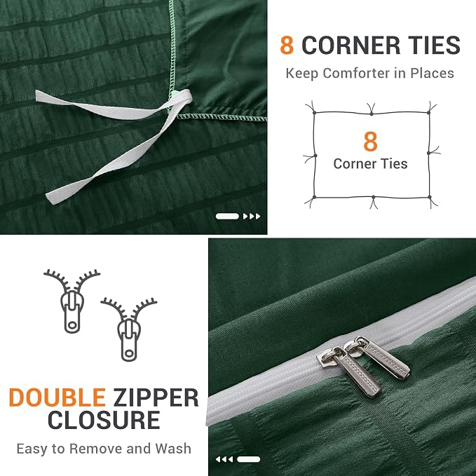 HYMOKEGE Emerald Green Duvet Cover Queen Size, Ultra Soft 3-Piece Seersucker Duvet Cover Set with Zipper Closure, Soft Brushed Microfiber Bedding Set with 8 Corner Ties (90"x90", 2 Pillowshams)