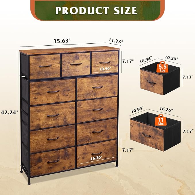 WLIVE Tall Dresser for Bedroom, 11 Drawer Chest of Drawers, Rustic Brown | 11 fabric storage drawers, Tall high-capacity design, Bedroom or dorm use, Sturdy steel frame, Smooth wood tabletop