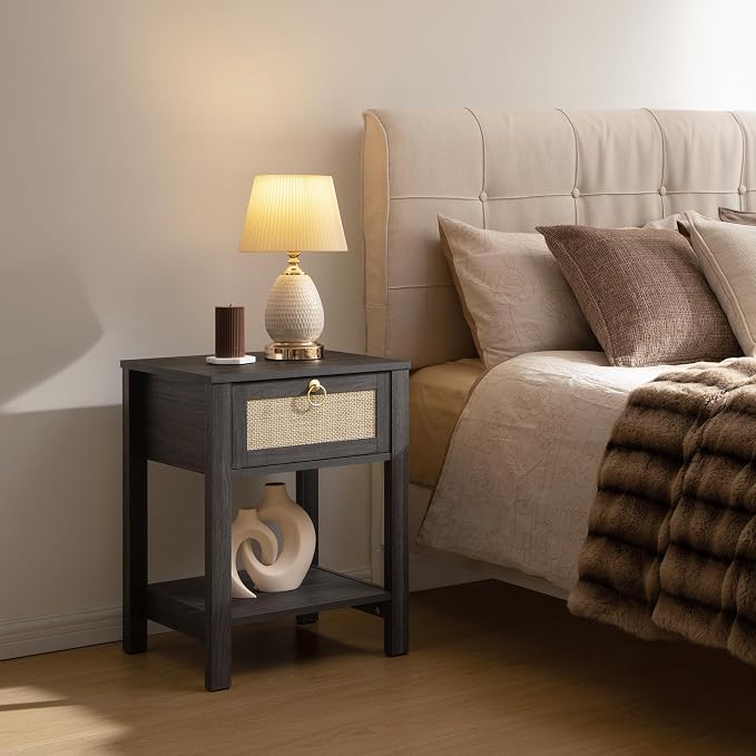 SICOTAS Rattan Nightstand Set of 2 with Storage Shelf, Boho Bedside Tables | Night Stand Set of 2 with Rattan Drawer, Boho End Tables with Storage for Bedroom, Guest Room, Apartment, and Small Spaces