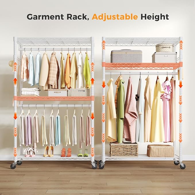 OLIXIS Clothes Rack Heavy Duty Adjustable Garment Clothing Rack with Wheels, Rolling Metal Freestanding Closet Organizer for Hanging Clothes with 2 Side Hooks, Double Rods, 47"x17"x80", White