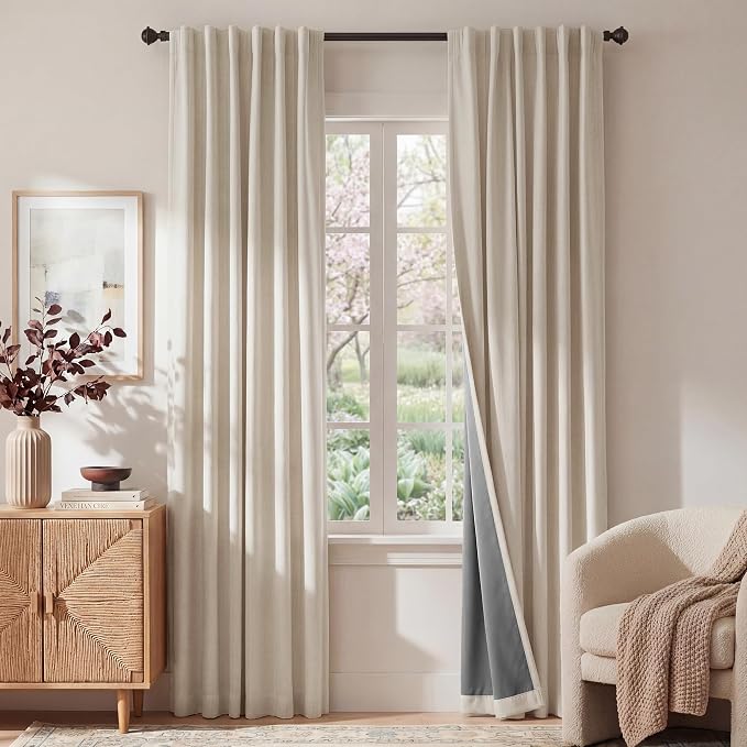 RYB HOME Warm Sand 100% Blackout Curtains 108 Inch Long for Bedroom Loft | Linen Drapes,Thermal Insulated Privacy Assured,Back Tab Rod Pocket,For Sliding Glass Doors Living Room,W52 x L108,2 Panels