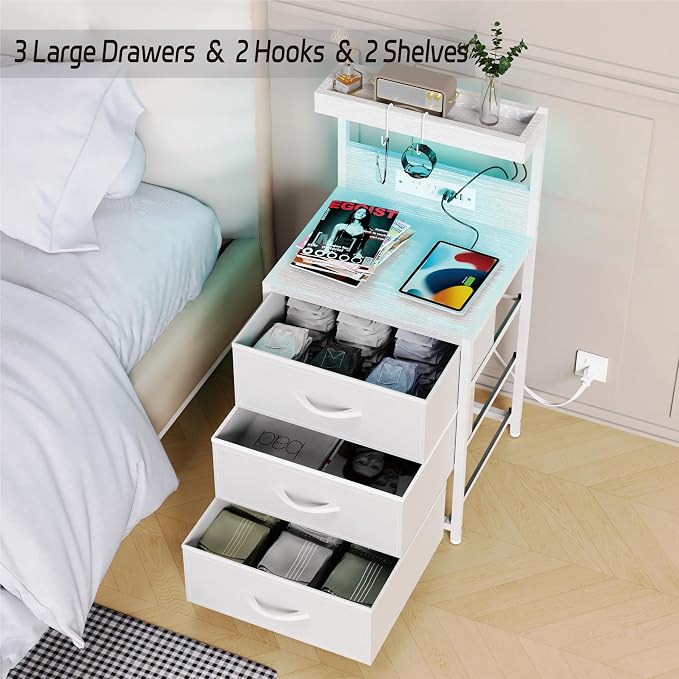 LED Night Stand with Charging Station Set of 2, 3 Fabric Drawer, White | Nightstand Bedside Table with USB Ports and Outlets, End Side Table Night Stand for Bedroom with Storage Shelf and Hooks