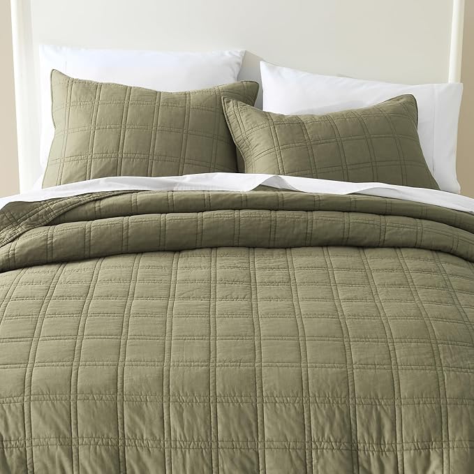 HORIMOTE HOME 100% Cotton Quilt Twin Size Olive Green Bedspread, Pre-Washed 2PCS Cozy Lightweight Stitching Decorative Bedding Cover Coverlet Set with 1 Sham in Geometric Pattern for All Season