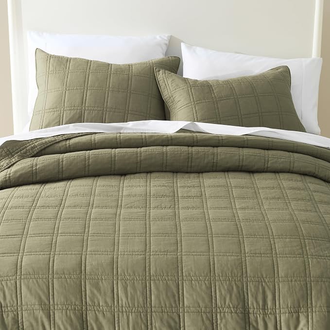 HORIMOTE HOME 100% Cotton Quilt Queen Size Olive Green Bedspread, Pre-Washed 3-Piece Cozy Lightweight Stitching Bedding Cover Coverlet Set with 2 Shams in Geometric Pattern for All Season
