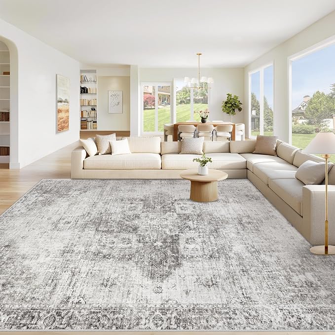 Area Rug 10x14 Washable Rug, Vintage Boho Medallion Rugs Non-Slip Soft Low Pile Large Distressed Rug Indoor Retro Carpet for Living Room Bedroom Dining Room Home Office (Grey, 10'x14')