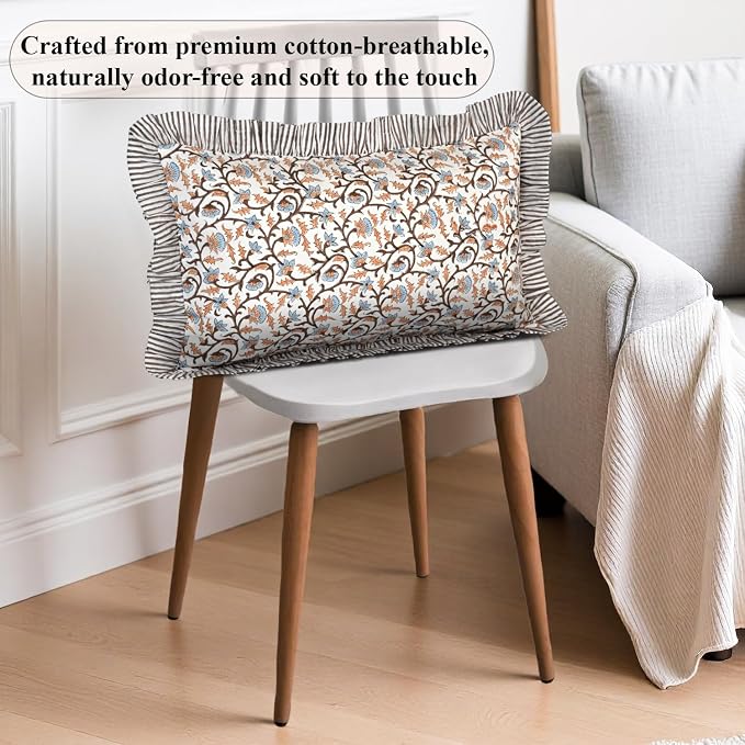 Ridhi Block Print Brown Meadow Vine Ruffle Lumbar Pillow Shams, 20" x 12" | 100% cotton, Floral Pillowcase, Cushion Cover, Hidden Zipper, Cottagecore Bedding, farmhouse boho style, fits couch, sofa,Bed