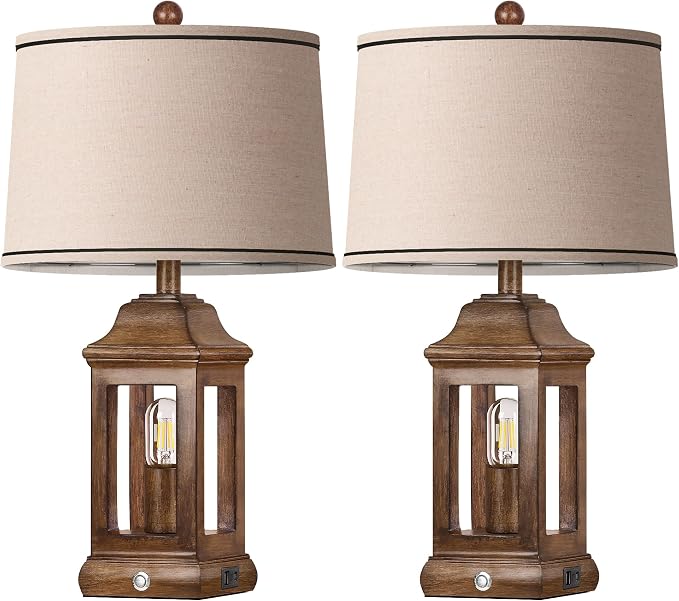 24" Rustic Farmhouse Table Lamps for Living Room Set of 2, Touch Dimmable Nightlight Vintage Bedside Lamps with USB A+C Ports & Dual Light Sources for Bedroom Nightstand End Table, Wood Grain