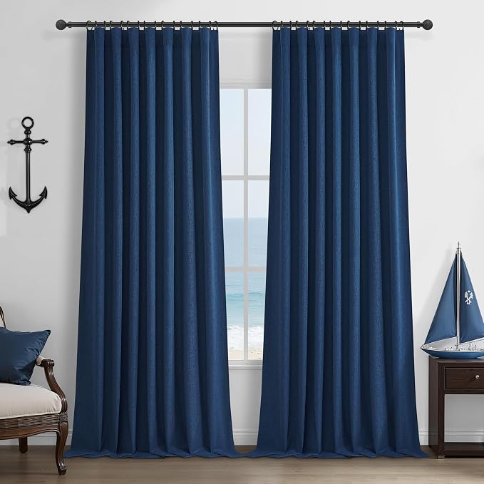 Navy Blue Blackout Curtains 100 Inch Length for Boys Rooms/Bedroom, Floor to Ceiling Track Pleated Drapes with Hooks Linen Thermal Coastal Curtain Dark Blue Window Burg 50"Wx100"Lx2Panels Back Tab