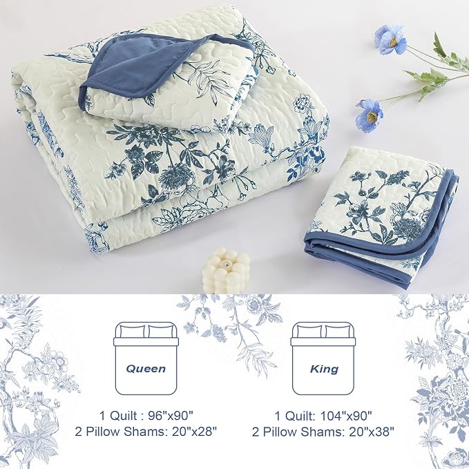 WONGS BEDDING Floral Quilt Set Queen,3 Pcs Blue Bedspreads Coverlets Set | Spring Summer Floral Farmhouse Bedspread with 2 Shams,Soft Microfiber Lightweight Coverlet for All Season 96"×90"
