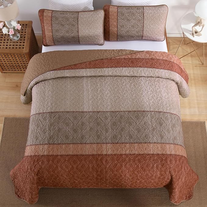 Cottolester Boho Quilt Set Queen,3 Pcs Red Orange Striped Plaid Bedspread | Ultra Soft Fall Lightweight Coverlets Set for Men Women,Microfiber Patchwork Quilt Bedding Sets for All Seasons 96"x90"