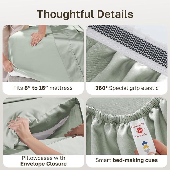 California Design Den Certified 100% Egyptian Cotton Queen Sheet Set | Backed by Good Housekeeping Seal, Light & Airy Soft Sateen, 16" Deep Pocket, All-Around Elastic, 4pc Set - Meadow Grey