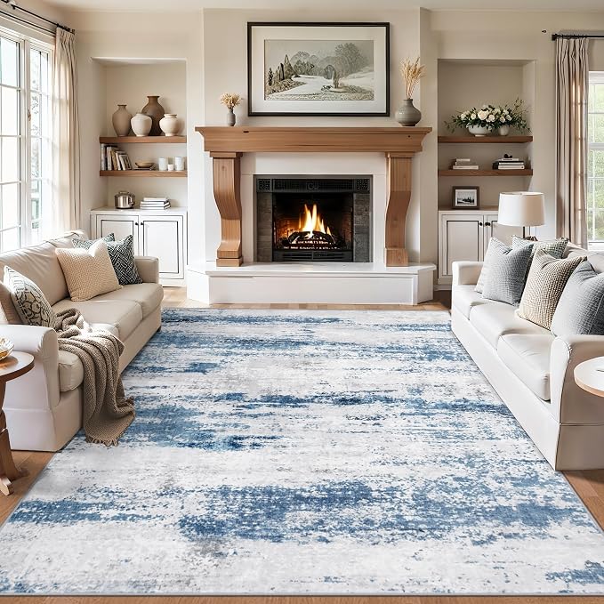PLHXFR 10x14 Area Rug Living Room: Abstract Washable Carpet White Blue | For Bedroom Dining Room Farmhouse Nursery Home,Machine washable,Non Slip,Large Soft Neutral,Stain Resistant, Indoor Floor