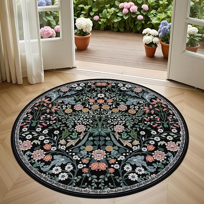 PLHXFR Round Area Rug Living Room: 4 ft Floral Washable Carpet Dark Black | For Bedroom Dining Room Farmhouse Nursery Hallway,Vintage Floral,Machine washable,Non Slip,Stain Resistant,Large Indoor