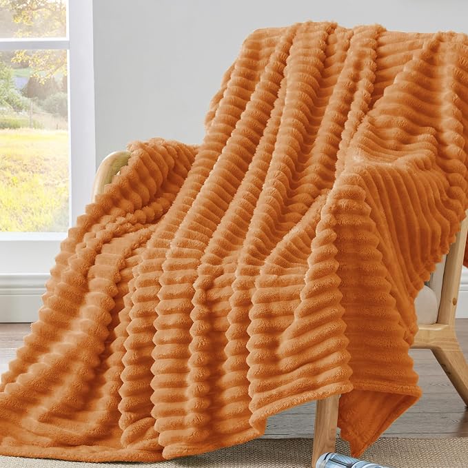 BEDELITE Ribbed Fleece Fall Throw Blanket, Burnt Orange, 50"x60" | Soft Cozy Blanket, 3D Ribbed Design, Autumn Home Decor Accent, Lightweight Throw for Couch, Bed, Halloween & Thanksgiving
