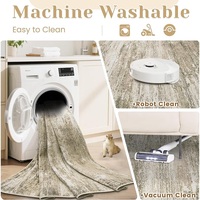 Washable Rug 5x7 Area Rugs for Living Room: Neutral Soft Rug Abstract Non Slip Low Pile Modern Carpet for Bedroom Kitchen Nursery Office Dining Room Indoor (Brown, 5'x7')