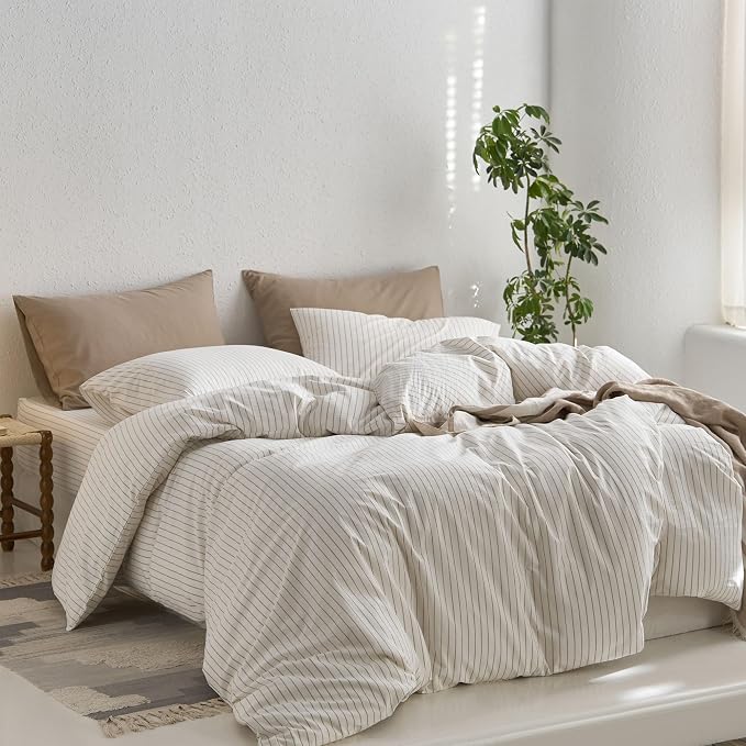 MooMee Striped Duvet Cover Set 100% Washed Cotton Linen Like King | Relaxed Linen-like Texture. Soft, Breathable & Long-lasting Comfort. Lightweight. Hidden Zipper with 8 Interior Corner Ties