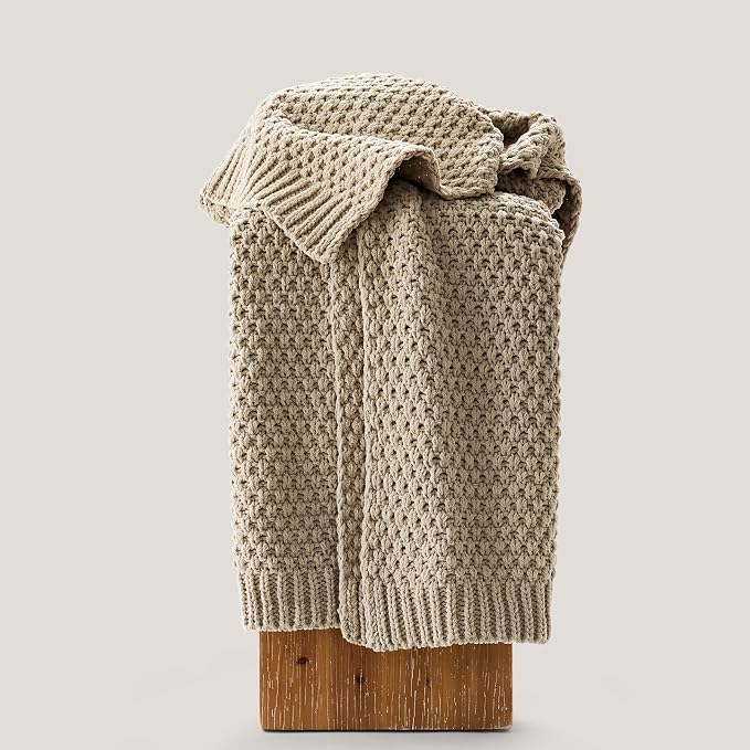 EVERGRACEHOME Chunky Chenille Knit Throw Blanket, 60 x 80, Sand Dune | Sculpted Moss Stitch, Chic Modern Farmhouse, All-Season Warmth, OEKO-TEX® Certified, Elegant Blanket for Couch, Bed, Sofa