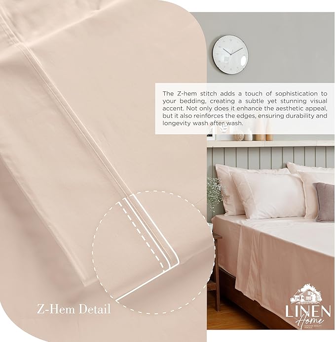 Linen Home 100% Cotton Percale Sheets Twin Size, Sand Shell, Deep Pocket, 3 Pieces Set- 1 Flat, 1 Fitted and 1 Pillowcase, Crisp Cool and Strong Long Staple Bed Linen