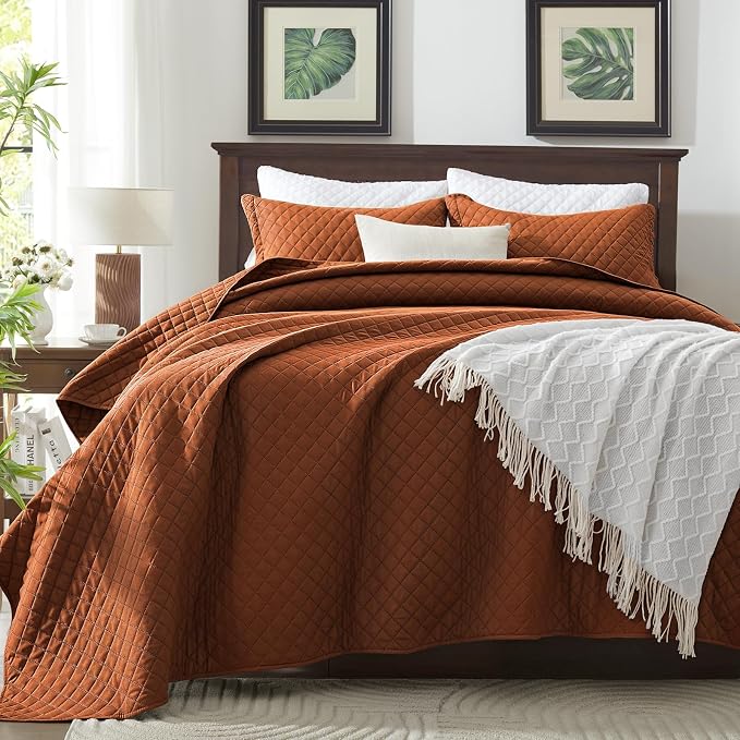 SunStyle Home Twin Quilt Set, Lightweight Bedding Bedspreads,Brunt Orange | Soft Coverlet With 2 Pillow Shams,Morden Style Quilts for All Season, Suitable for Bed,Couch,Bedroom,Guest Room,68"X86"