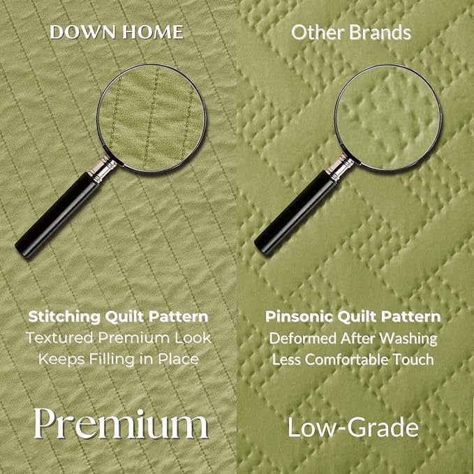 DOWN HOME Cali King Quilt Bedding Set with Shams, Vintage Washed Quilted Blanket Thin Comforter Lightweight Bedspread Coverlet Bed Cover, Brushed Microfiber Stripe Stitching, Golden Olive, 111"x92"