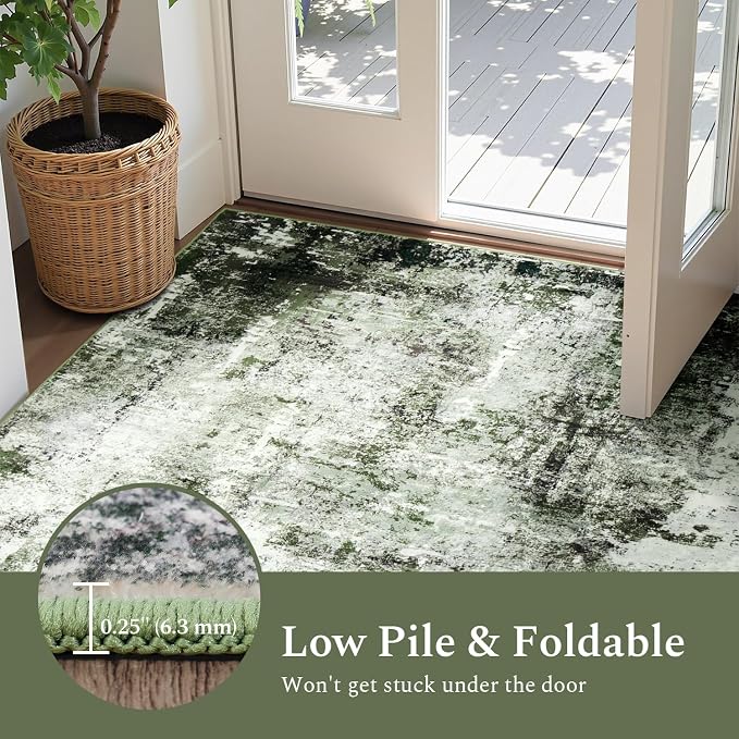 Rugflix 8x10 Area Rugs for Living Room, Washable Dark Green Large Rug | Machine Washable; Stain-Resistant; Low Pile; Non-Slip; Modern Abstract; Carpet for Bedroom Dining Office Nursery Home