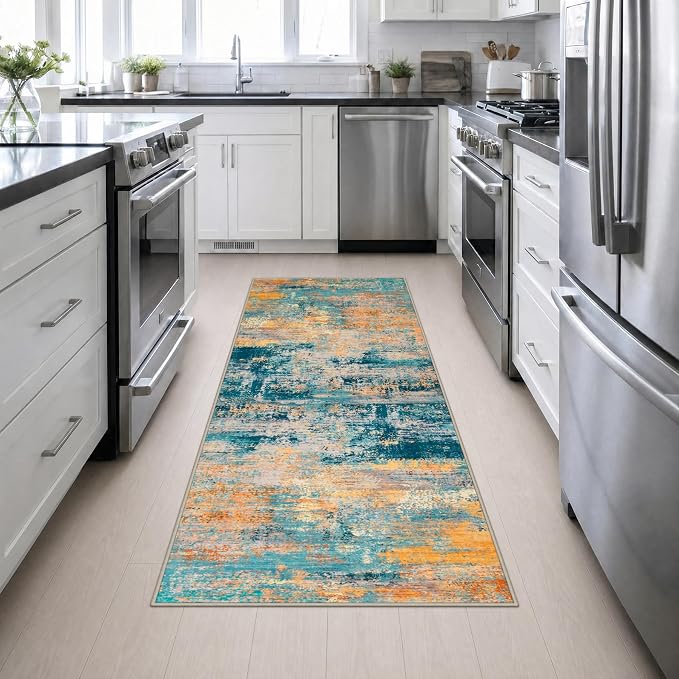 3x8 Washable Runner Rug：Modern Abstract Soft Carpet Rosy Haze | For Hallway, Bedroom, Kitchen, Laundry, Bathroom,Door Mat,Modern Abstract,Machine washable,Non-Slip,Stain Resistant,Indoor