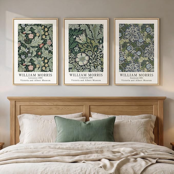 Framed William Morris Green Floral Canvas Wall Art Set of 3, 16x24 In | Fine art, Vintage, Nature, Aesthetic, Easy to hang, Waterproof, Living room/Bedroom/Office/Hallway/Wall decor