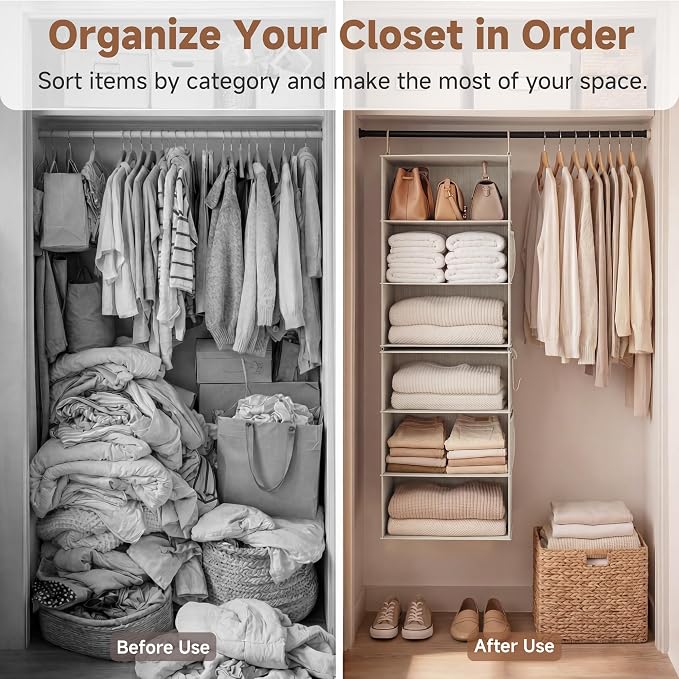 StorageWorks Hanging Closet Organizer, 6-Shelf with 2-in-1 Design, Ivory | Maximize Closet Space with Reinforced Shelves, Small Closet Storage Solution for Bedrooms, Dorms and RVs, Jumbo